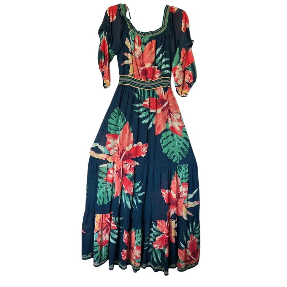 Jealous Tomato Navy Blue Floral Tropical Flowy Dress Hawaii 3/4 Sleeve medium - Picture 2 of 6
